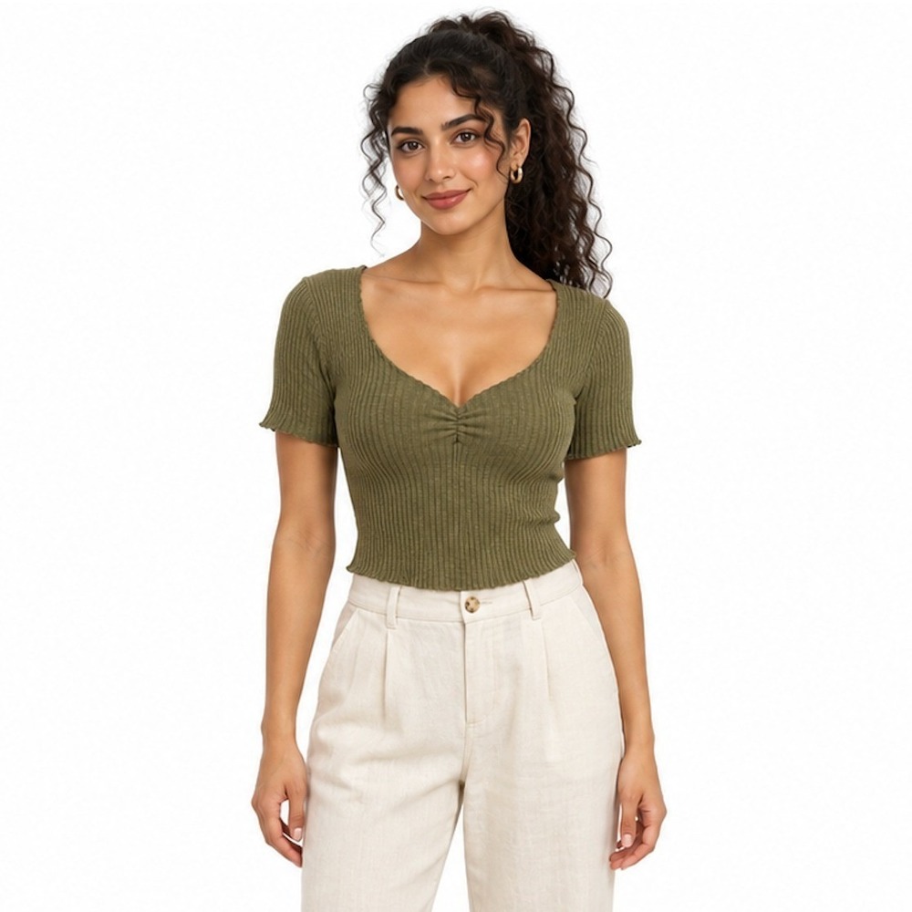 Zara Trafaluc Olive Green Ribbed Sweetheart Lettuce Edge Knit Top MEDIUM